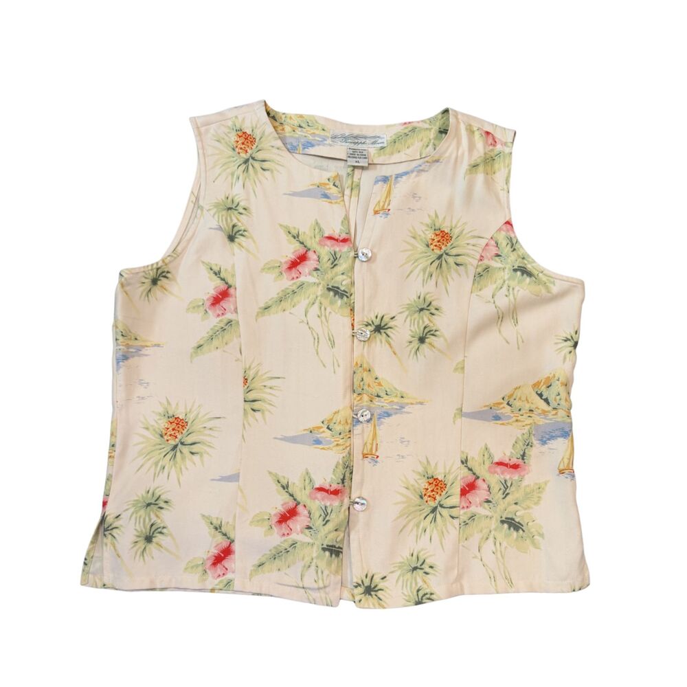 Vtg Cream 100% Silk Hawaiian Floral Print Button Down Tank Vest Size XL